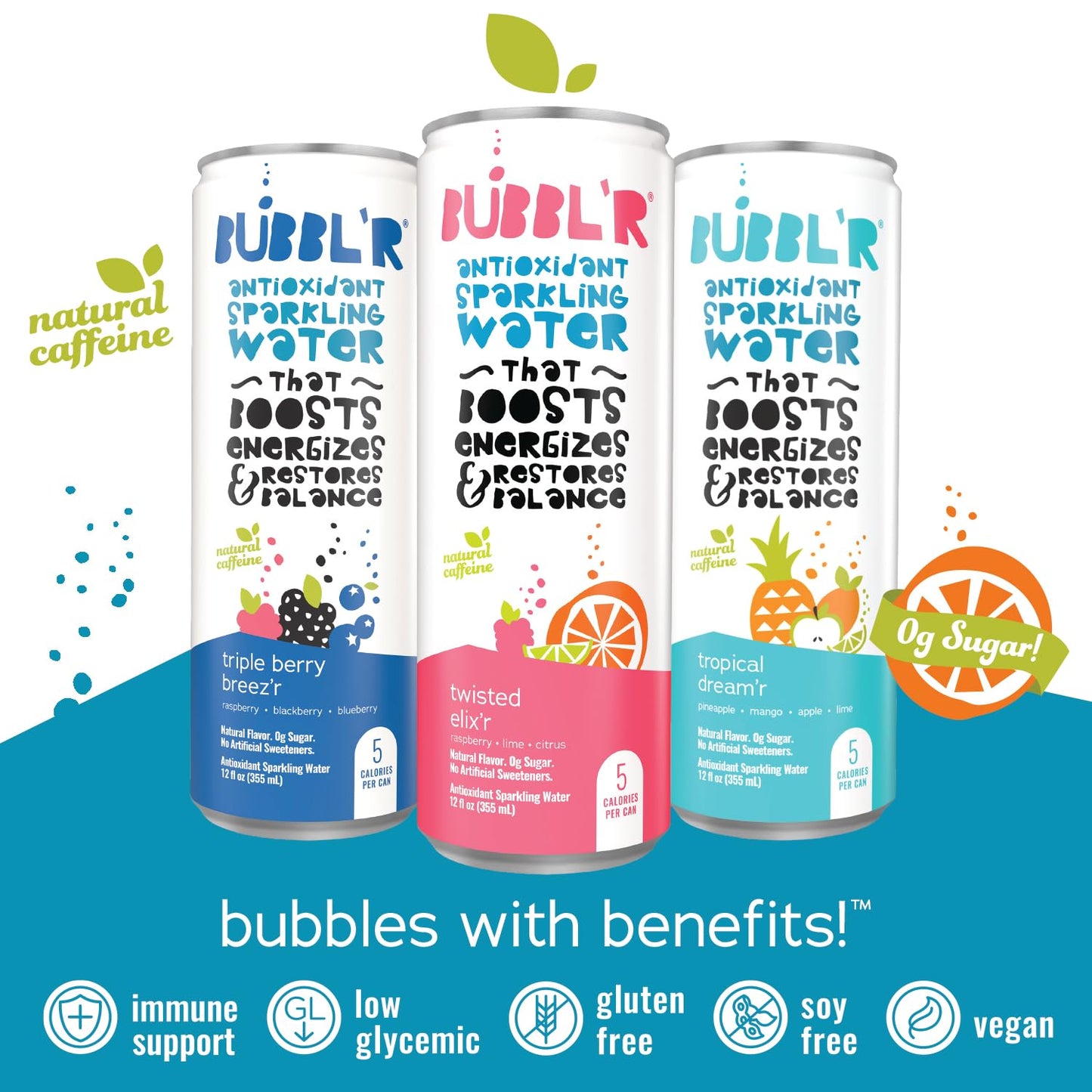 Bubblr Sparkling Water, 3 Flavors with Natural Caffeine, 12 Fl Oz Cans, Pack of 12, 0 Sugar, Antioxidants