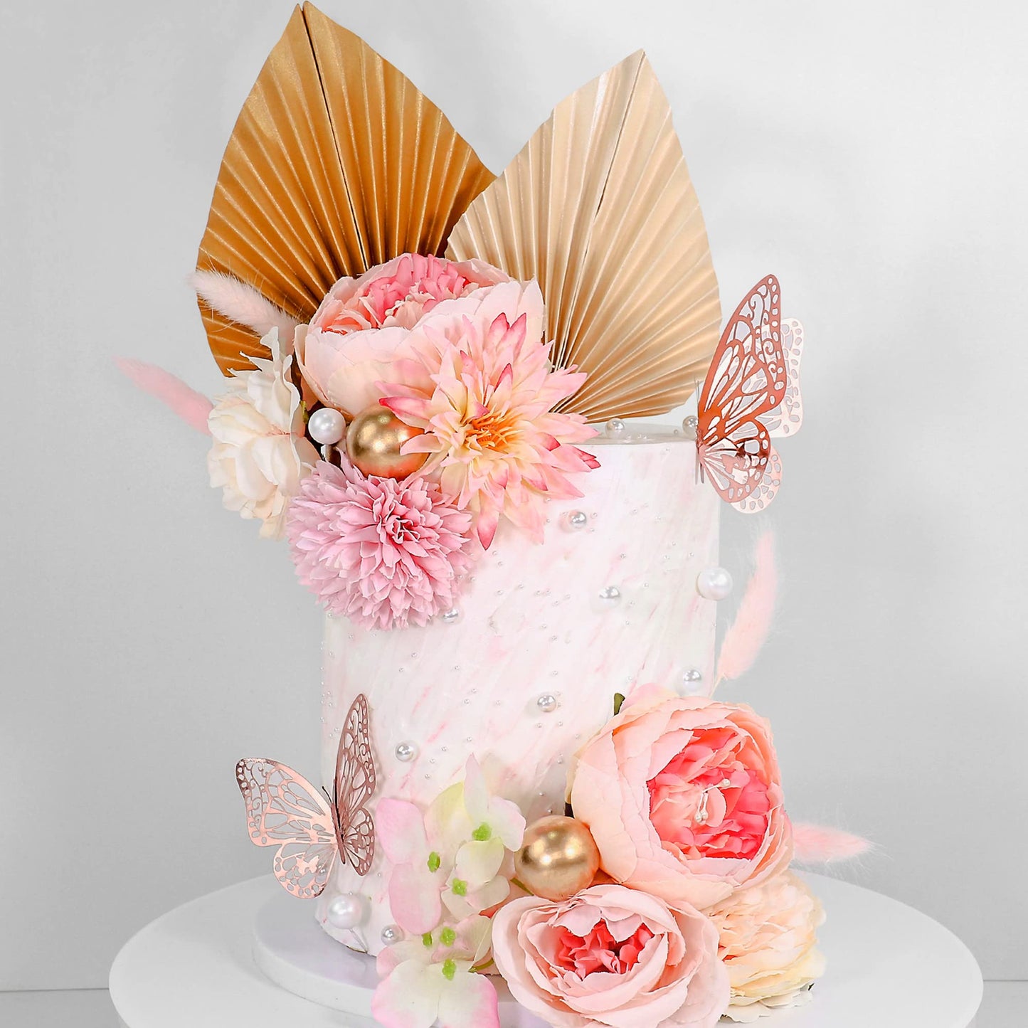 22 Pcs Boho Cake Topper Flower Cake Toppers Flower Palm Leaves Faux Flowers Butterfly Balls Butterfly Cake Topper Decorations Fa