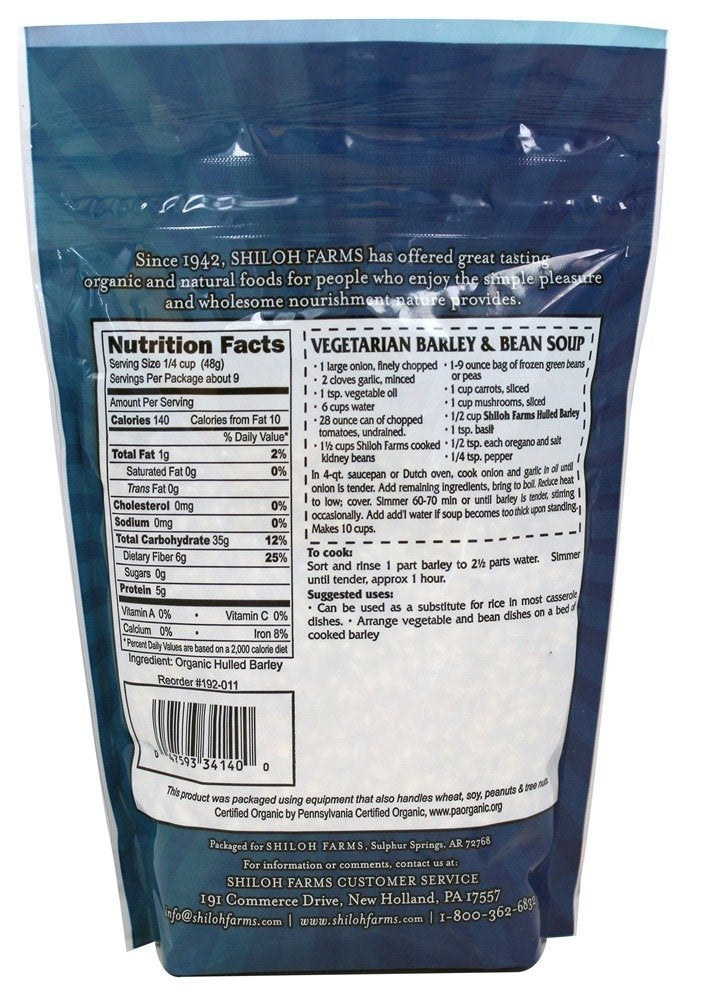 Organic Hulled Barley Grain From Shiloh Farms - 15 Oz Pouch