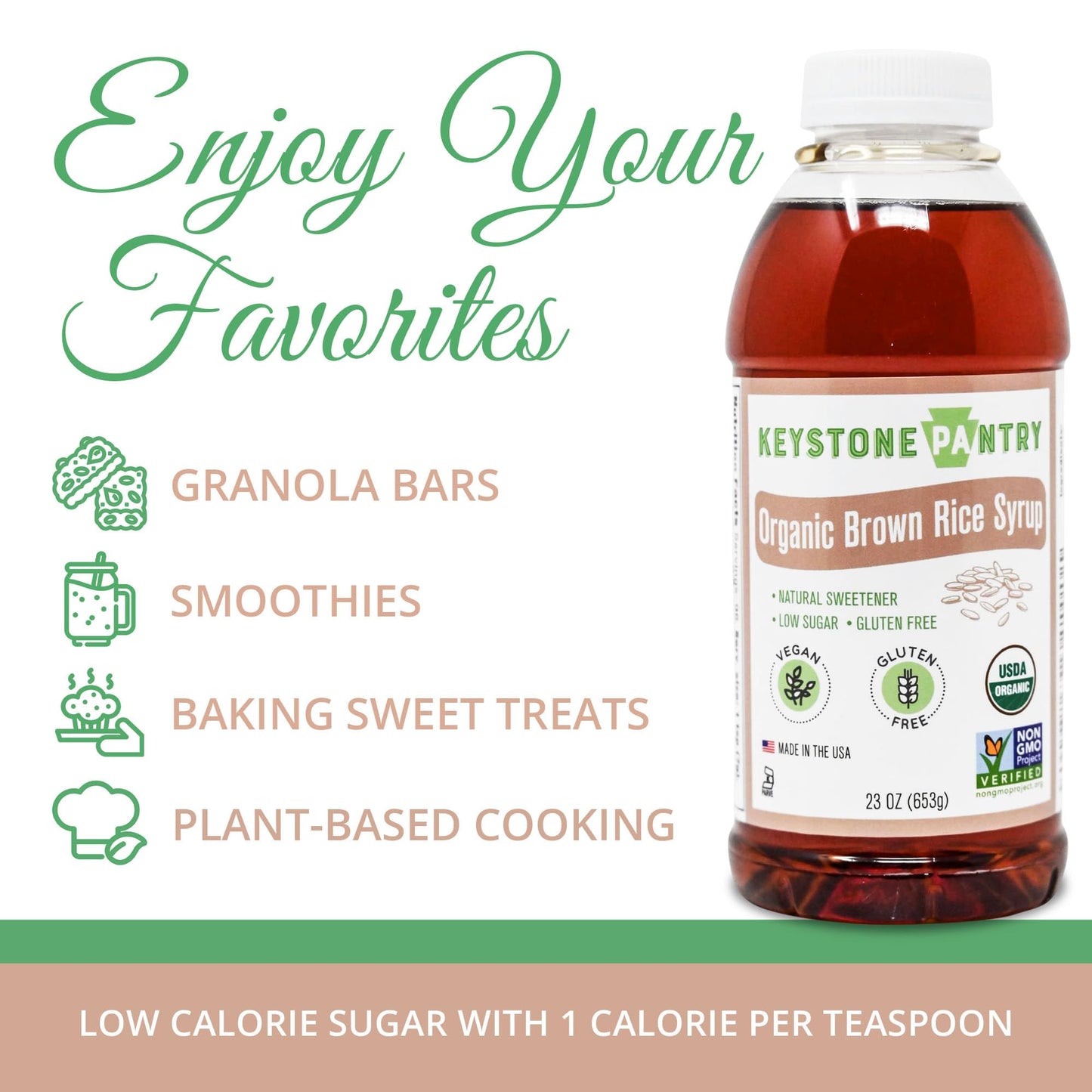 KEYSTONE PANTRY Organic Brown Rice Syrup - Vegan, Gluten Free, 23 OZ Bottle - Ideal for Baking and Coffee Sweetener