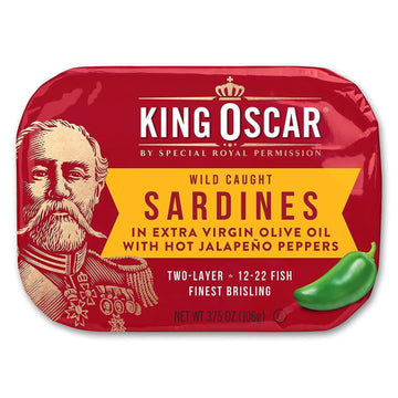 King Oscar Wild Caught Sardines in Extra Virgin Olive Oil Hot Jalapeno Peppers 3.75 Ounce (Pack of 12)