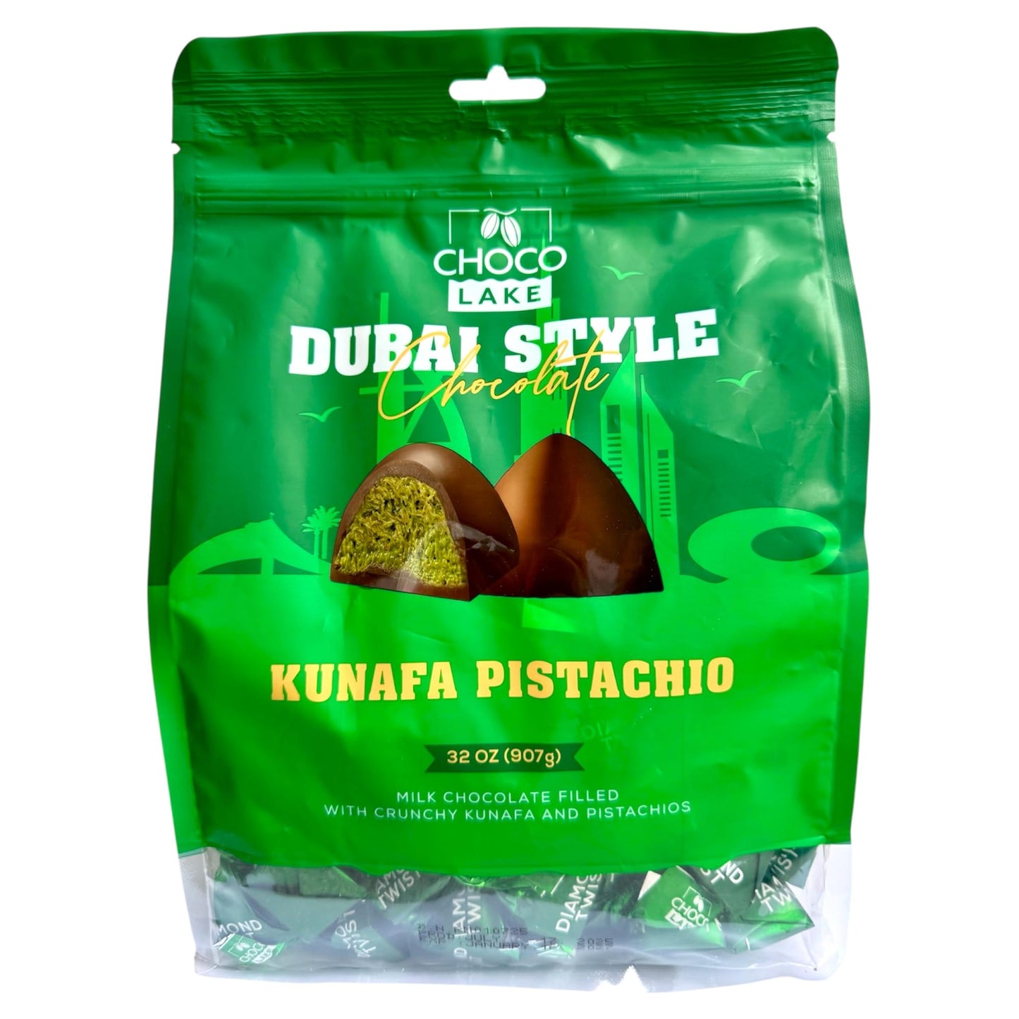 Dubai Style Kunafa Pistachio Chocolate 32 Oz Bulk Bag - Milk Chocolate Filled With Crunchy Kunafa & Pistachios Individually Wrapped Candy By Choco Lake