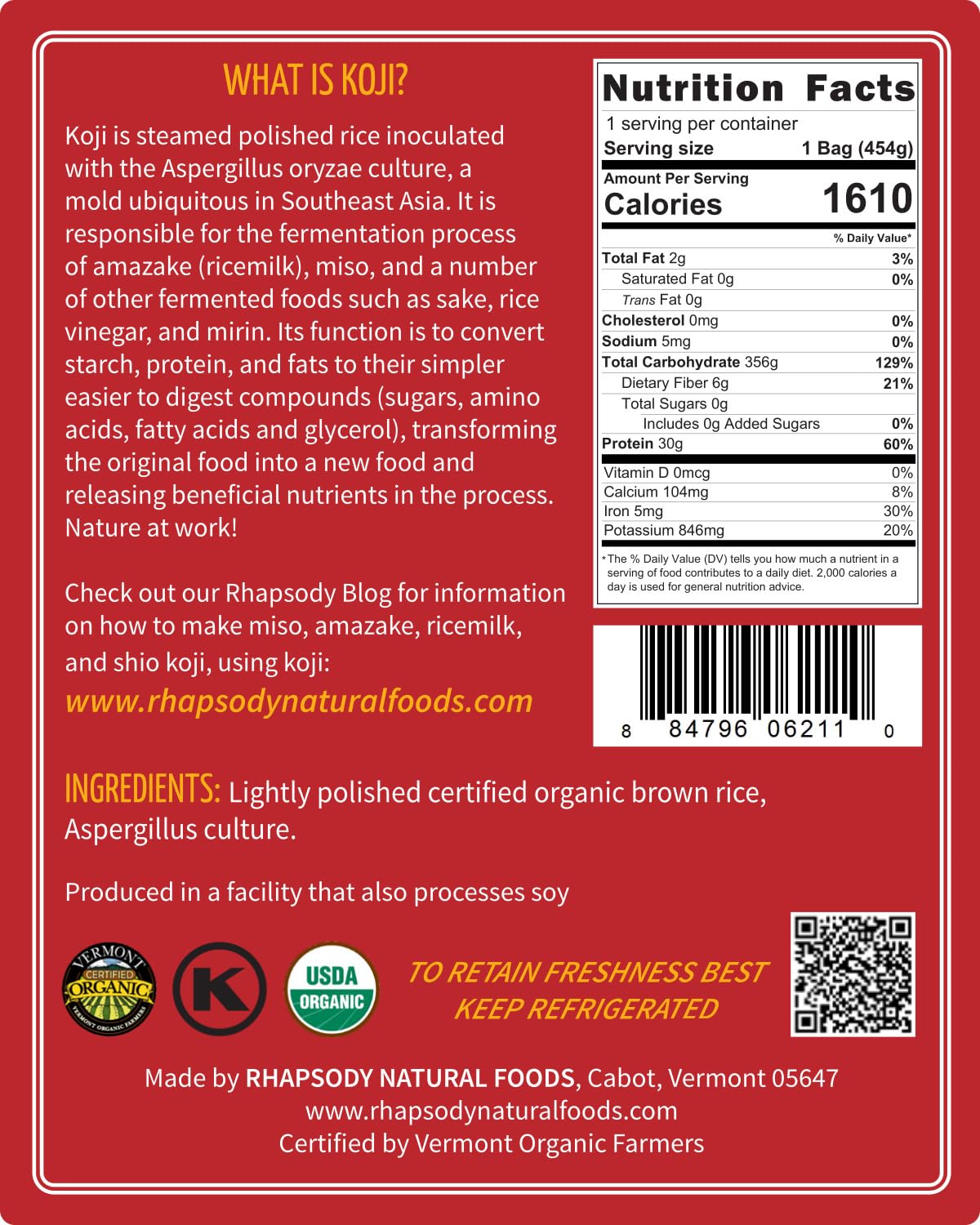Rhapsody Organic Koji - Made In Vermont, Usa - Red Miso Koji/Shio Koji 16 Oz
