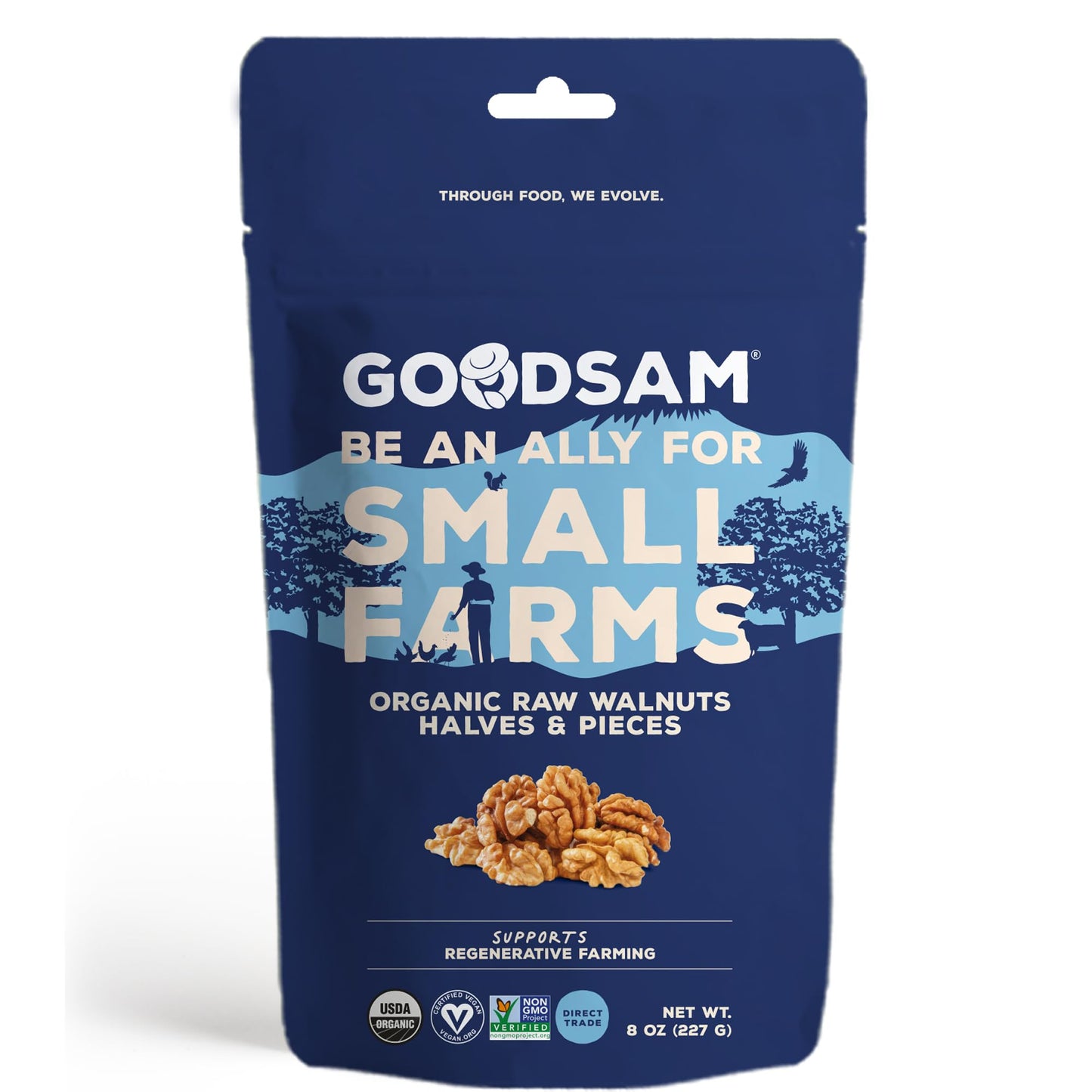 GoodSAM Raw Organic Walnut Halves & Pieces, 8oz Pouch Unsalted, Gluten-Free, Non-GMO, Vegan, Keto-Friendly, Sourced from Regener