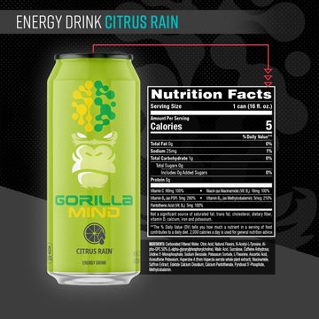 Gorilla Mind Energy Drink | Unmatched Energy Amplified Focus | N-Acetyl-L-Tyrosine Alpha-GPC 200mg Caffeine Uridine Saffron | 0 Sugar Or Artificial Colors | 16oz 12-Pack (Citrus Rain)