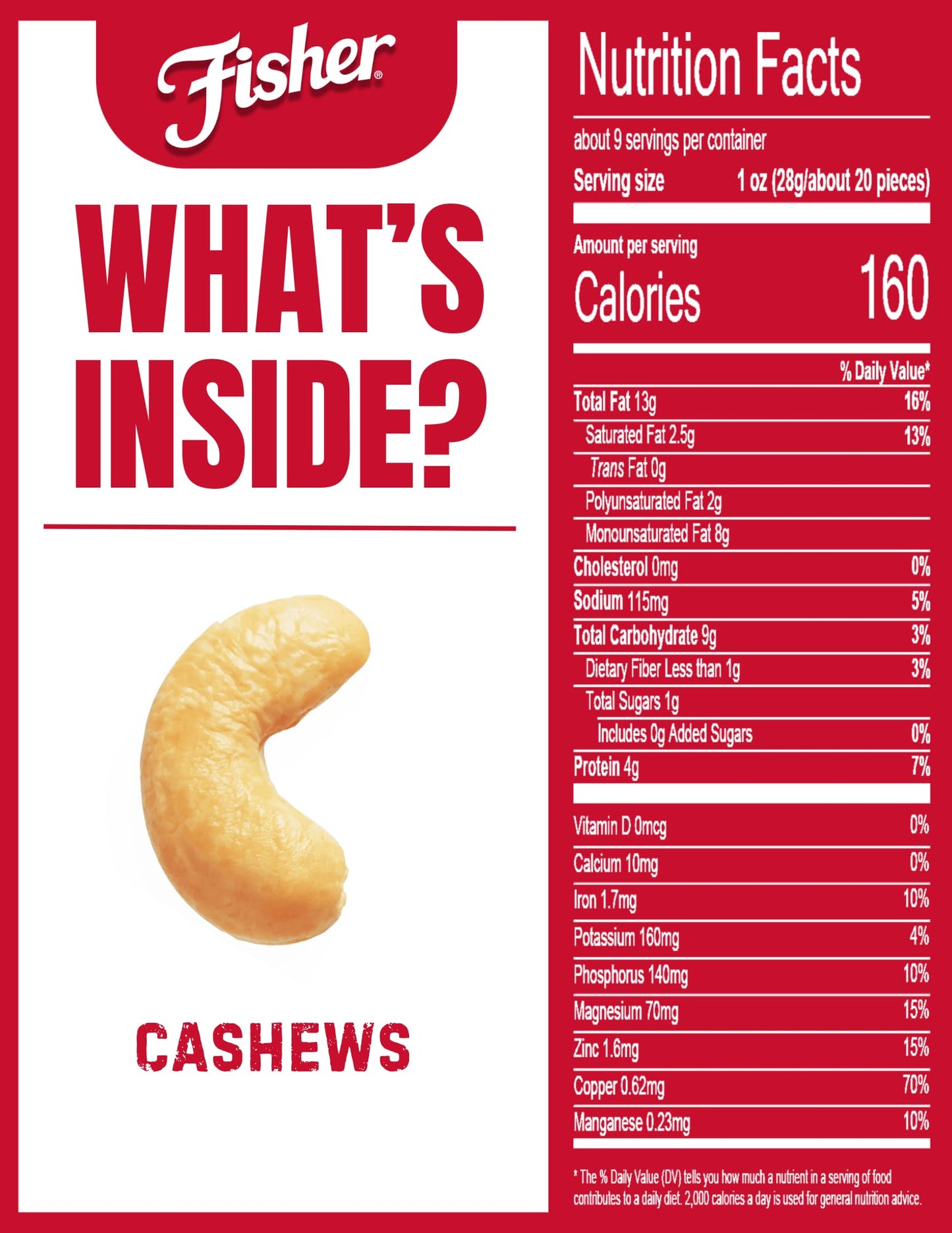 Fisher Snack Oven Roasted Never Fried, Sea Salt Whole Cashews, 8.75 Ounce