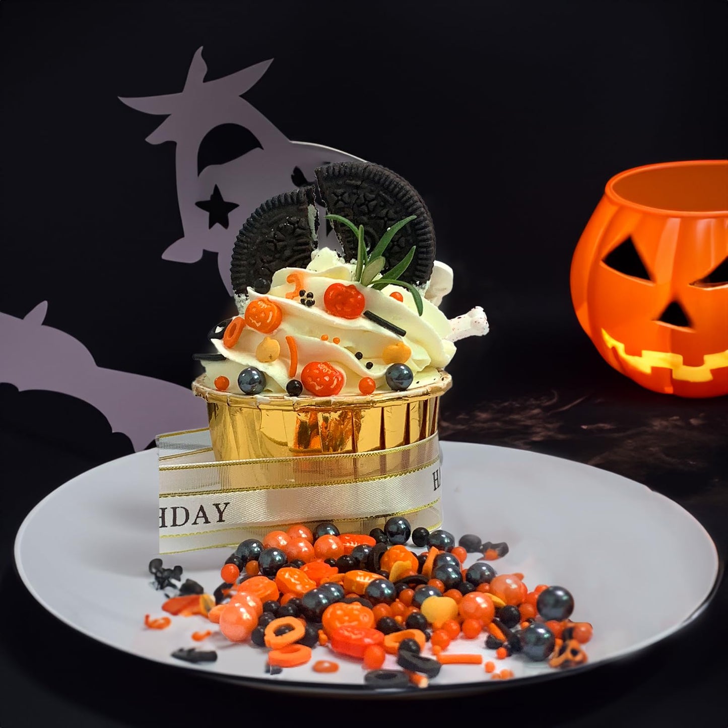 EPHVODI Halloween Sprinkles - Edible Pumpkin Sprinkles, Orange & Black Pearl, Cake & Cupcake Toppers, Halloween Decor