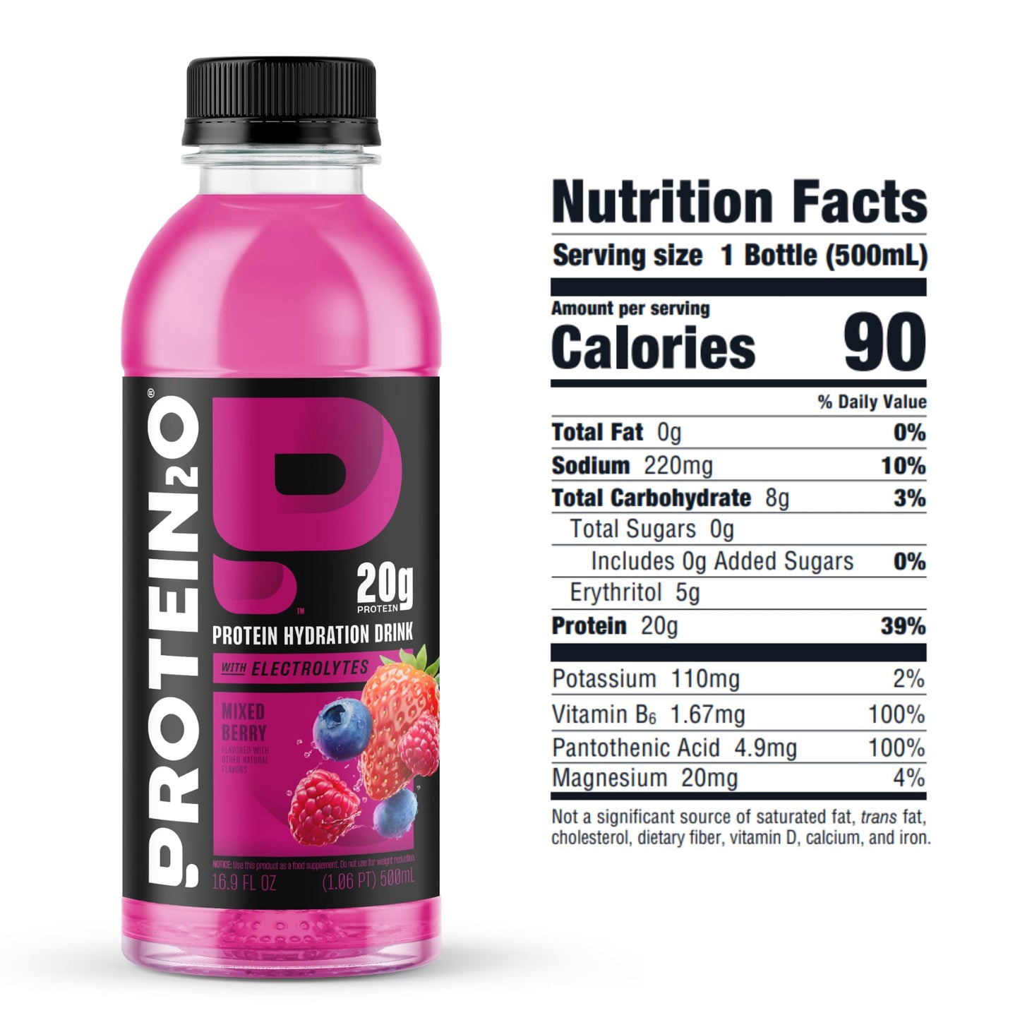 Protein2o Hydration Drink - Liquid Clear Whey Protein Isolate & Electrolyte - 20g Protein - 16.9 Fl Oz - Pack of 12 - Mixed Berry