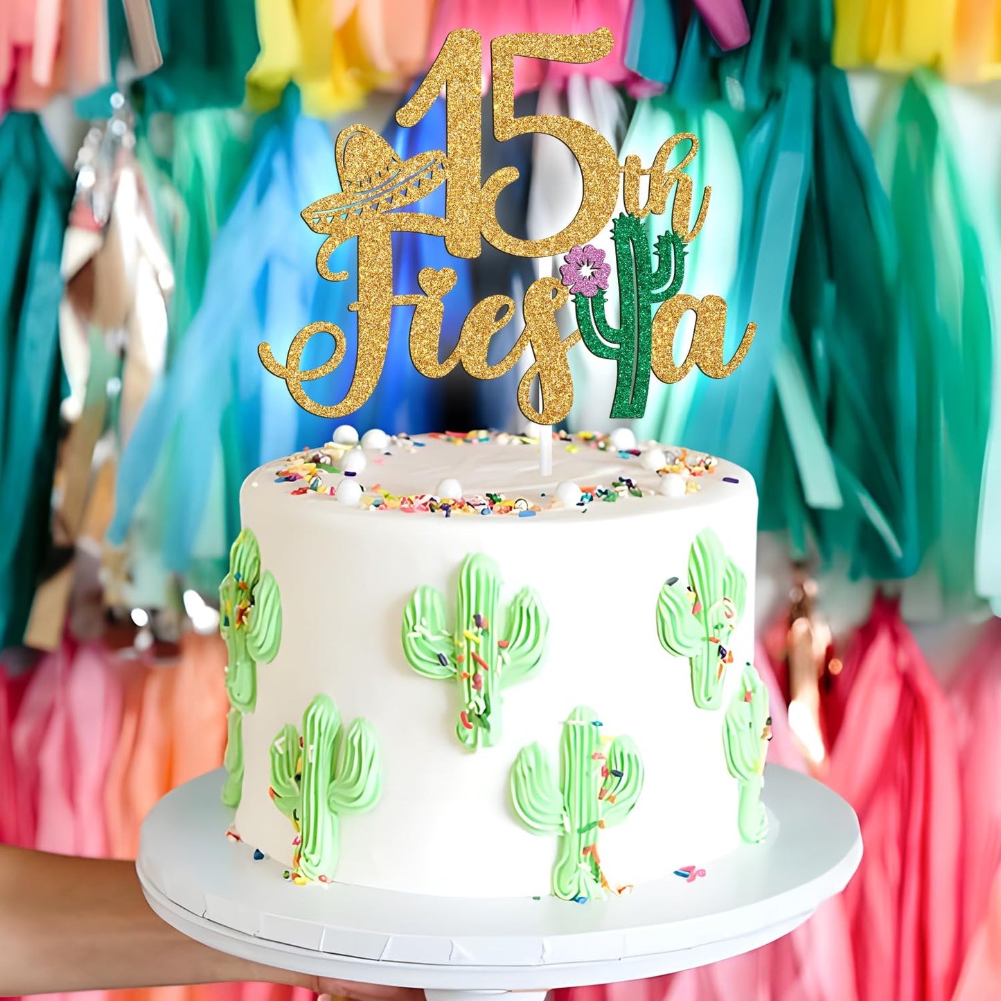 Tivurcia Cake Topper, Fiesta 15th Birthday Decor, Gold Tropical Theme, Happy 16th Anniversary Party Decoration Supplies