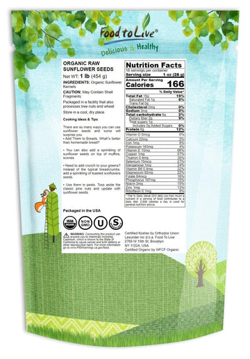 Food To Live - Organic Sunflower Seeds, 1 Pound - Hulled, Raw, Non-Gmo, Dried Kernels, Unsalted, Kosher, Vegan, Keto, Paleo, Sirtfood, Bulk