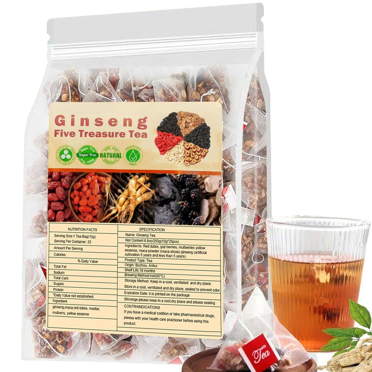 Ginseng Five Treasure Tea - Kidney Tea Formula Ginseng Five Treasure Wubao Herbal Cleanse Chinese Teas for Men Women (1Pack(25Ba