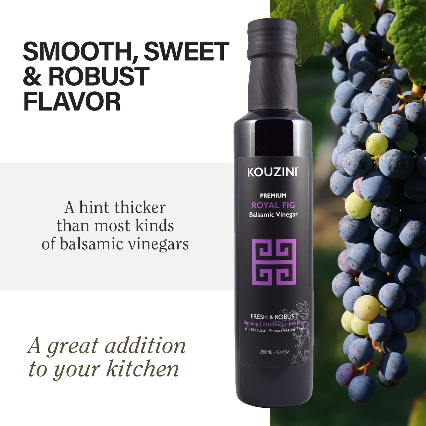 Kouzini Ultra Premium Royal Fig Balsamic Vinegar, Aged Balsamic Vinegars From Modena, Italy, Premium, Smooth & Full-Bodied Flavor, 250Ml Bottle