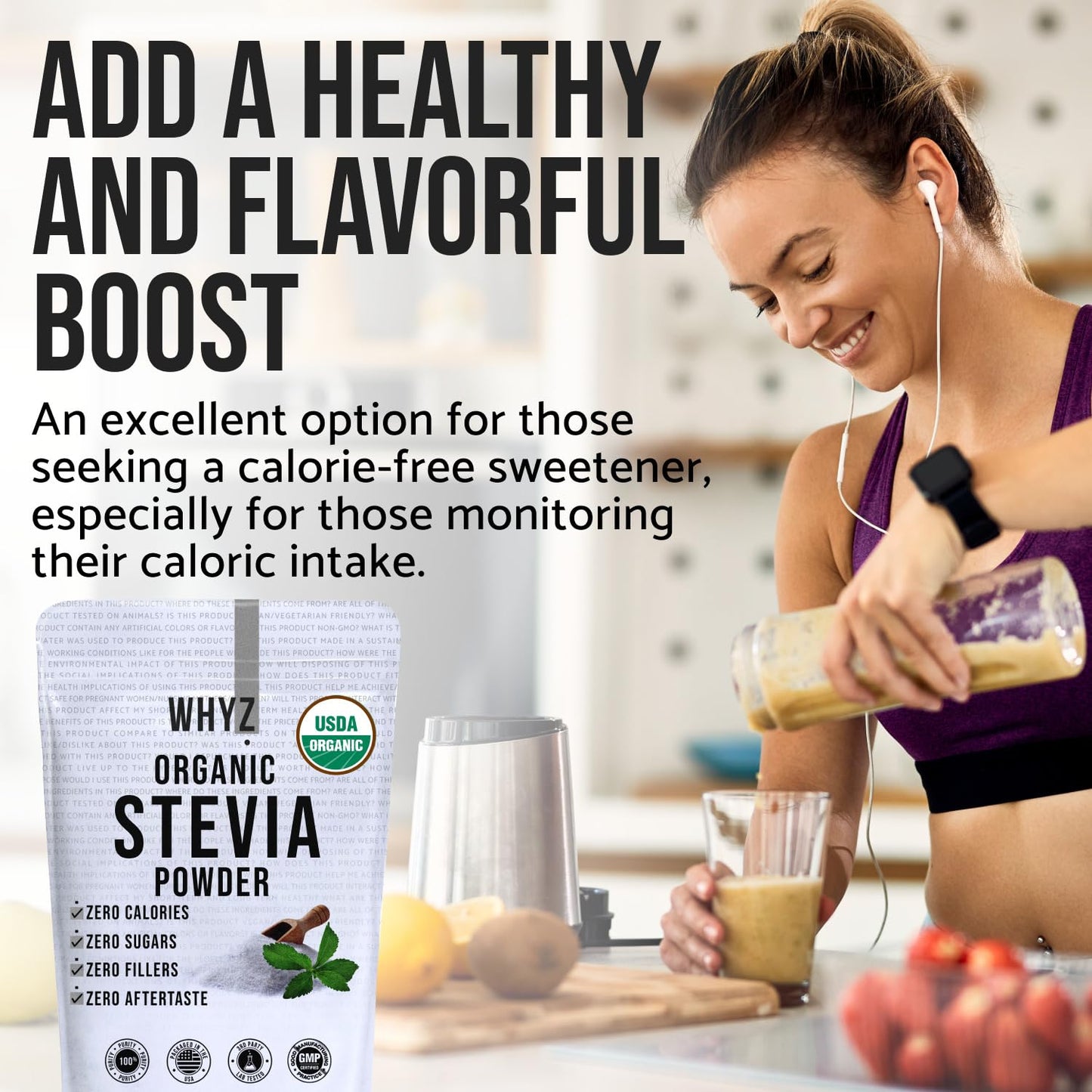 WHYZ Organic Stevia Powder, Zero Calorie Sweetener, Non-GMO, Keto Friendly, 8 oz