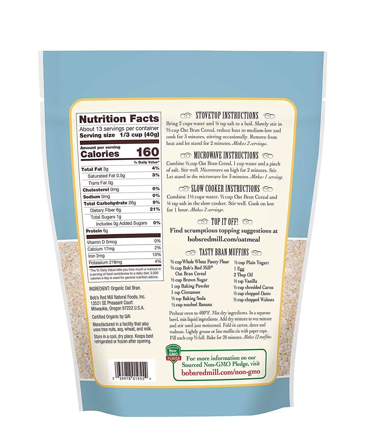 Bob's Red Mill Organic Oat Bran Hot Cereal 18 Ounce (Pack of 2)