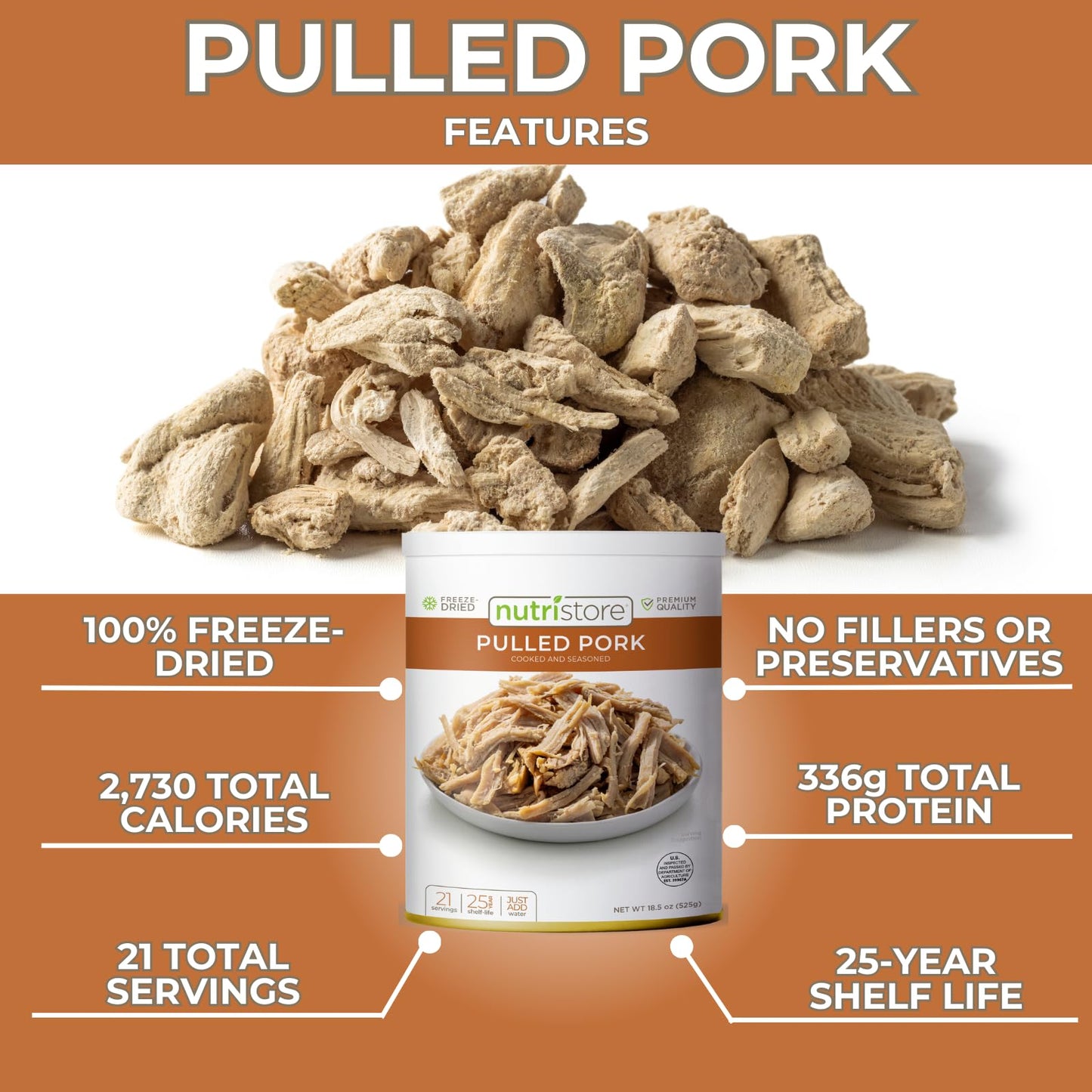 Nutristore Freeze Dried Pulled Pork | Pre-Cooked Shelf Stable Meat For Survival Emergency Food Supply, Meal Prep, And Backpackin