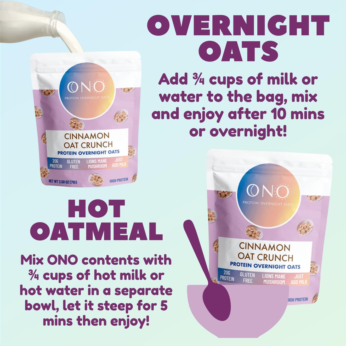 Ono Protein Overnight Oats - All Flavor Variety (8 Pack) - 20G Protein, Gluten Free, Dairy Free, Low Sugar Oatmeal - Organic Oat