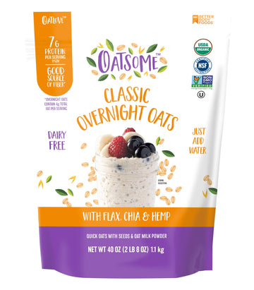 Oatsome Organic Overnight Oats with Chia, Flax, & Hemp, Gluten-Free Oatmeal with 7g of Protein, 2.5 lb Bag