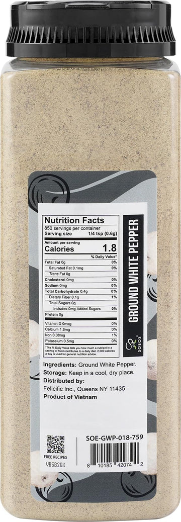 Soeos Ground White Pepper 18oz (510g) Non-GMO Kosher Certified Fresh Aromatic and All-Natural White Peppercorns Powder Perfect for Barbecue Stir-Fry Soup