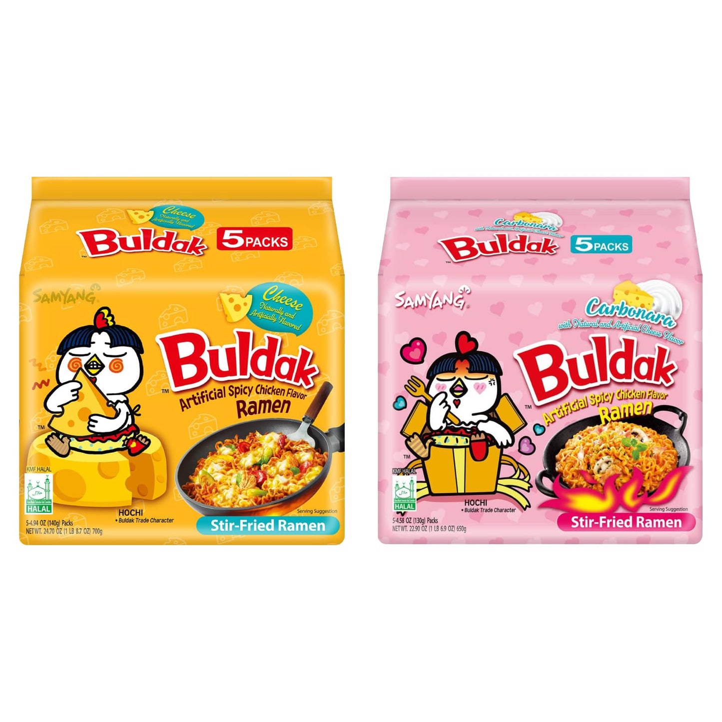 Samyang Buldak Hot Spicy Chicken Ramen Noodle Korean Stir-Fried Ramen, Cheese 4.94 Oz(140G) & Carbonara 4.58Oz(130G) Flavor, 5 Pack For Each Flavor
