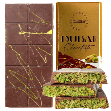 Authentic Dubai-Style Chocolate Bar | 7 oz of elegant Middle Eastern Indulgence | enhanced Milk Chocolate Golden Kadayif Crisps Velvety Tahini & Hand-Harvested Pistachios - Imported from Turkey