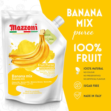Banana Mix Puree, No Sugar Added, Real Fruit For Smoothies, Drinks, Cocktails, Fruit Juice - 2.2 Lb. Convenient Pouch, Mazzoni,