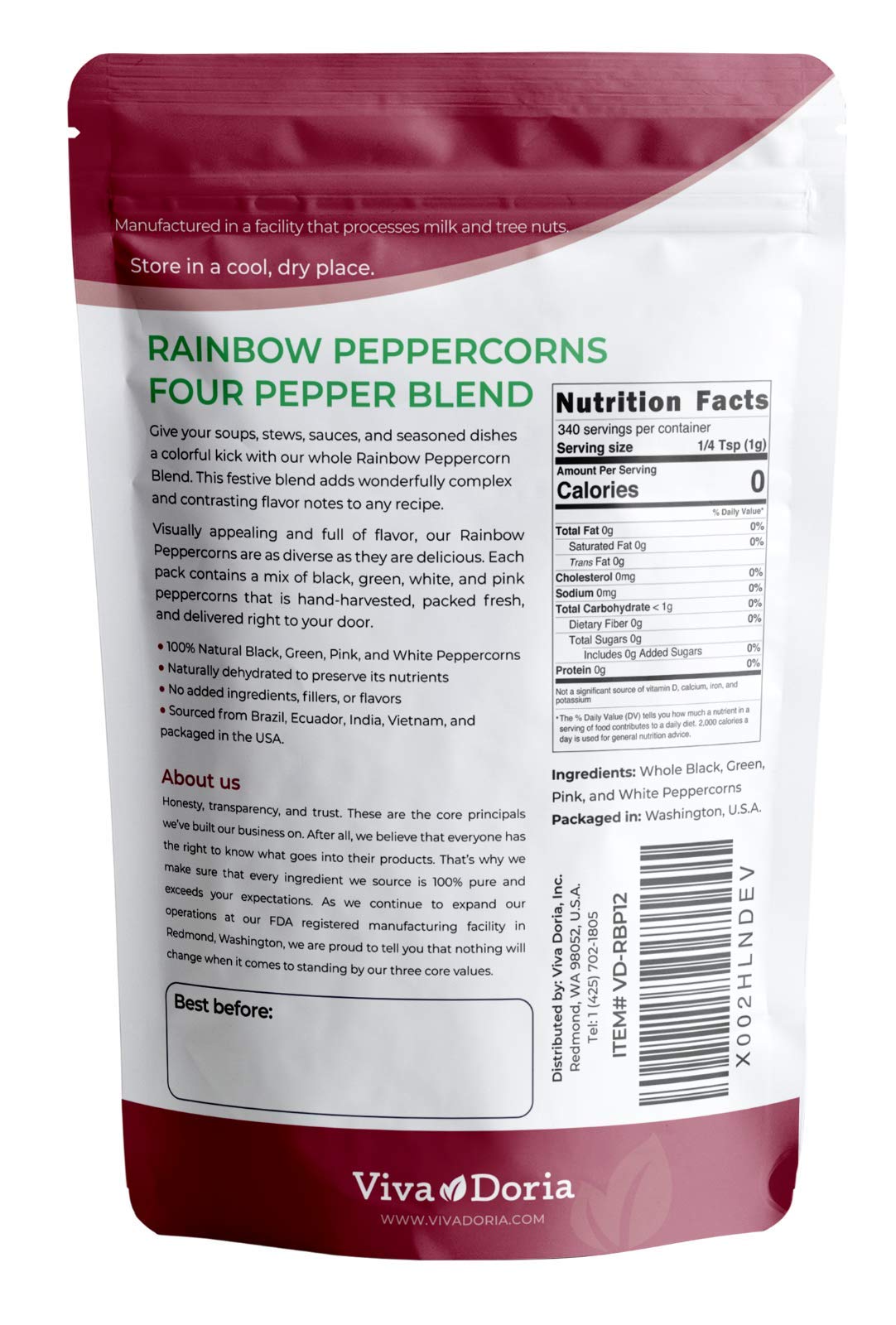 Viva Doria Rainbow Peppercorns Blend, Steam Sterilized Whole Black Pepper, Whole Green Pepper, Whole Pink Pepper, Whole White Pe