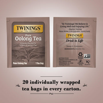 Twinings Pure Oolong Tea - Golden Caffeinated Tea, Individually Wrapped Tea Bags, 20 Count