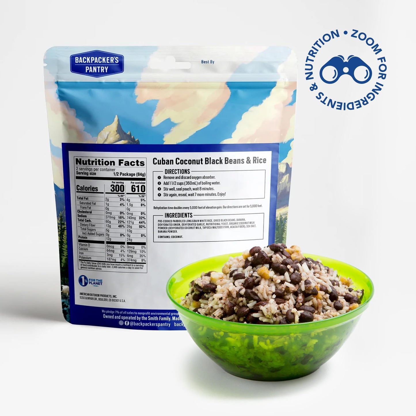 Backpacker'S Pantry Cuban Coconut Rice & Black Beans, 2 Servings Per Pouch, Freeze Dried Food, 14 Grams Of Protein, Vegan, Glute
