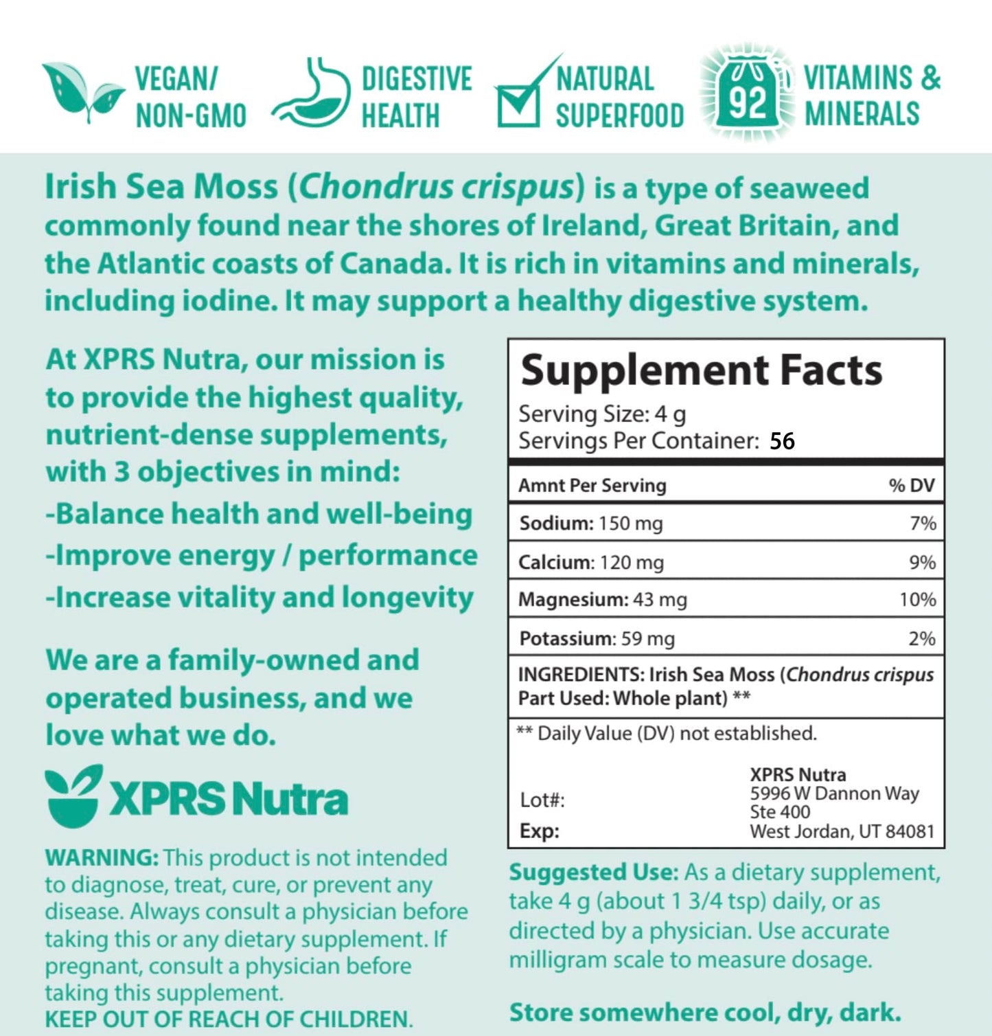 Xprs Nutra Irish Sea Moss Powder (Chondracanthus Chamissoi) - Enhanced Wildcrafted Seamoss Powder For Glowing Skin - Total Body Health Sea Moss Drink Powder - Vegan Friendly Irish Moss Powder (8 Oz)
