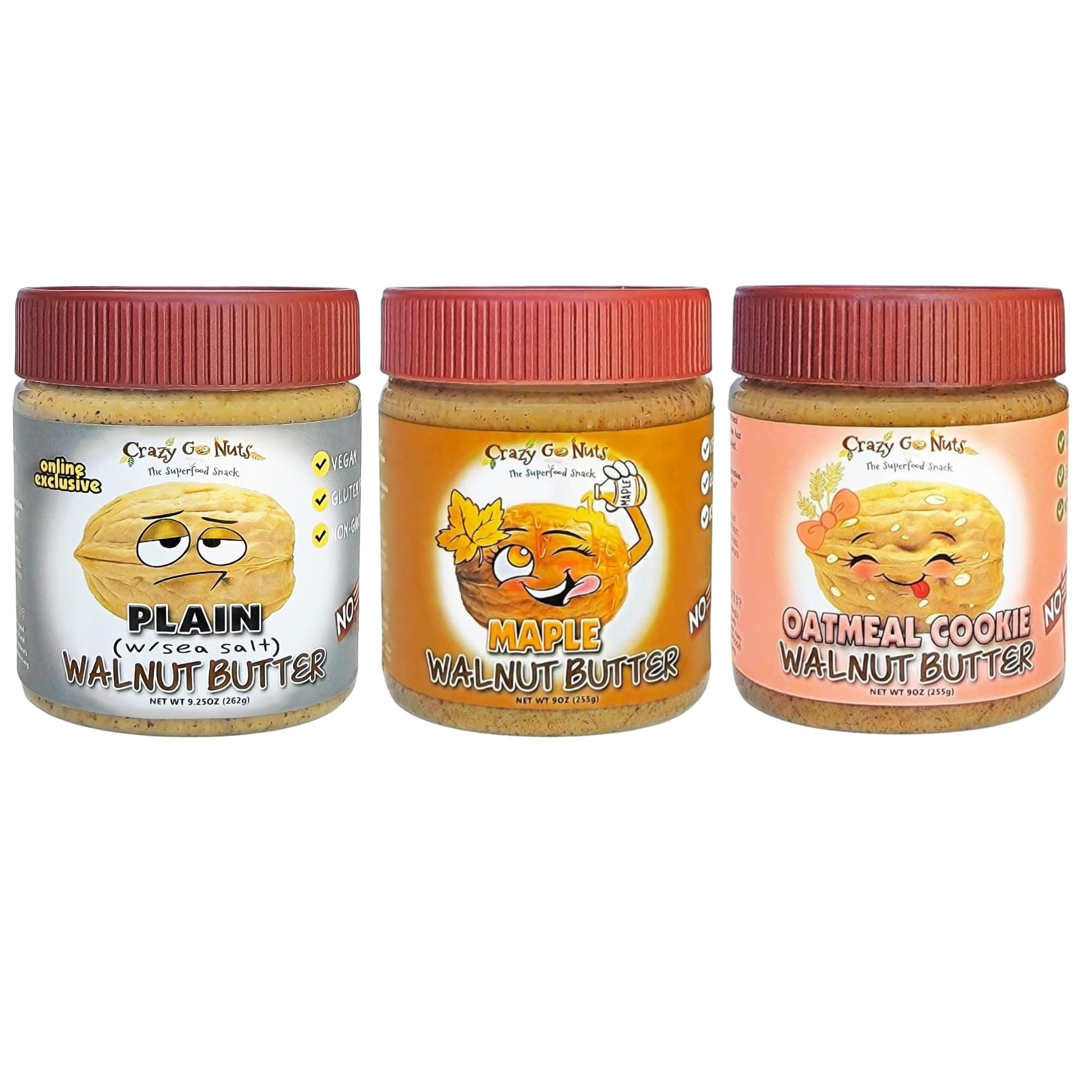 Crazy Go Nuts Walnut Butter Variety Pack - Plain W/Seal Salt, Maple, Oatmeal Cookie - Healthy Snacks, Keto, Vegan, Low Carb, Glu