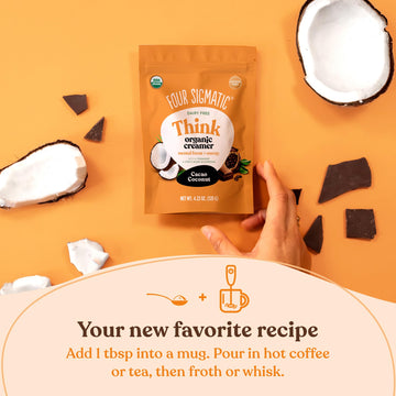 Think Cacao Coconut Coffee Creamer By Four Sigmatic | Chocolate Organic Coffee Creamer With Lions Mane And L-Theanine | Powdered