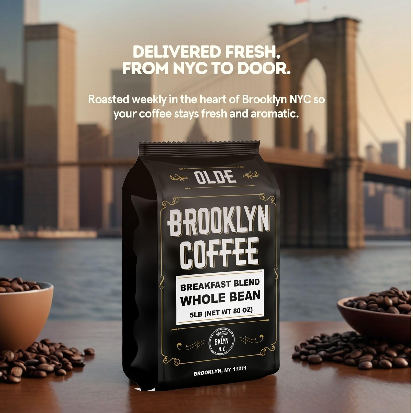 Brooklyn Coffee Whole Bean, Breakfast Blend Light Medium Roast (5Lb) Delicate, Smooth, Low Acidity - Fresh Bulk Coffee Beans Roa
