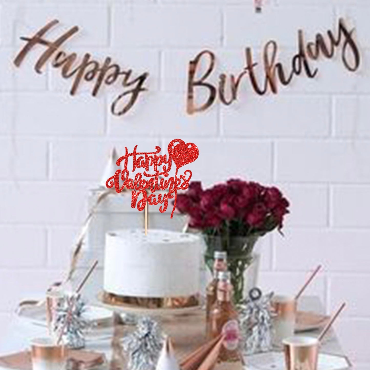 Rssta i Happy Valentines Day Cake Topper, Glitter Heart Cake Pick, Red, Paper Material, Wedding Party Decorations