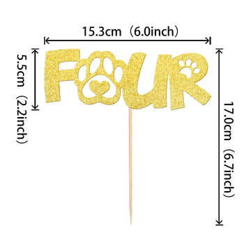 1 Pcs Four Cake Topper Gold Glitter 4 Years Old Birthday Dog Paw Cake Pick For Puppy Dog Let'S Pawty Theme Kids Boys Girls 4Th B