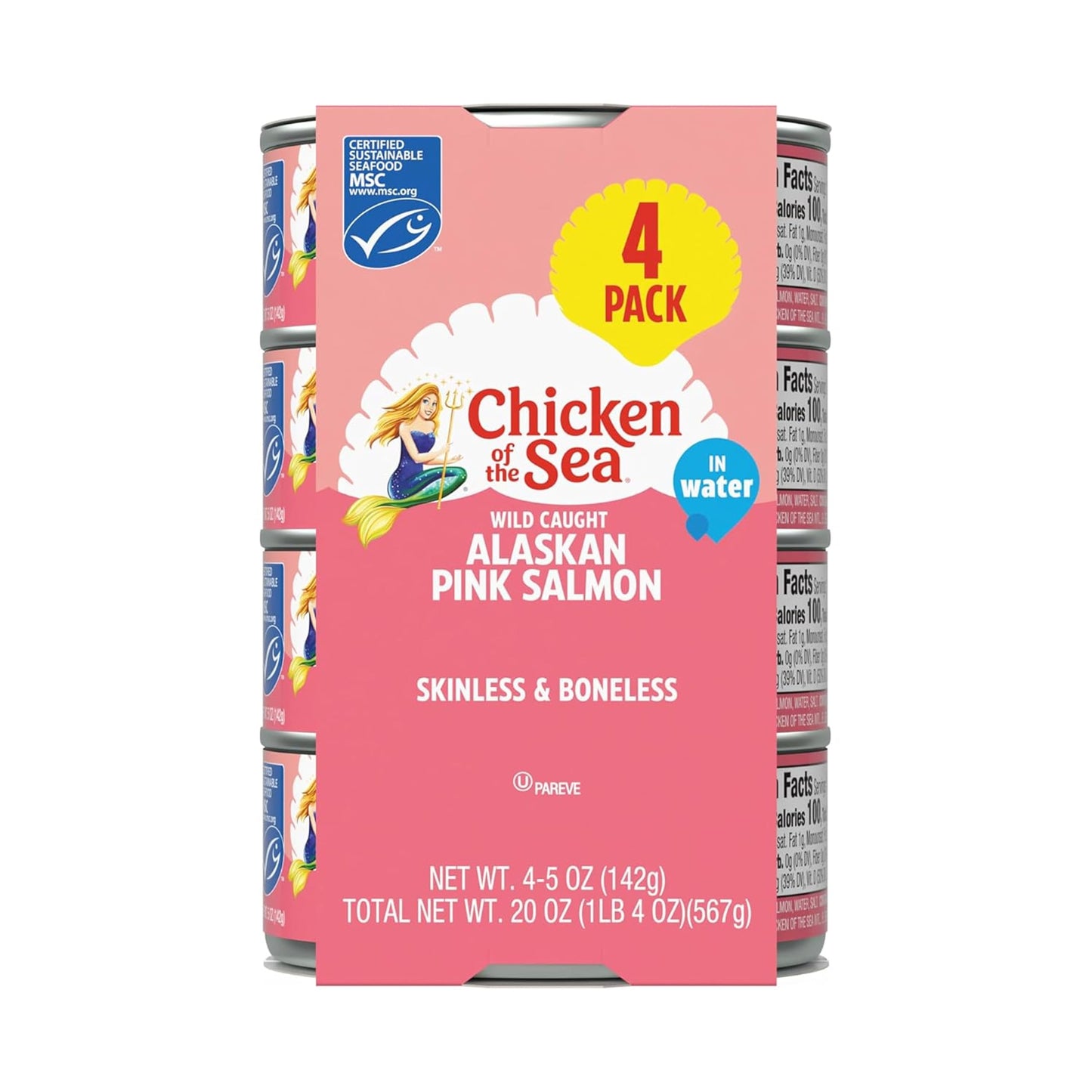 Chicken Of The Sea Alaskan Pink Canned Salmon In Water 5 Ounce Cans 4-Count - High Protein Skinless & Boneless Wild Caught Salmon - Delicious Wild Salmon For Burgers Pasta & More