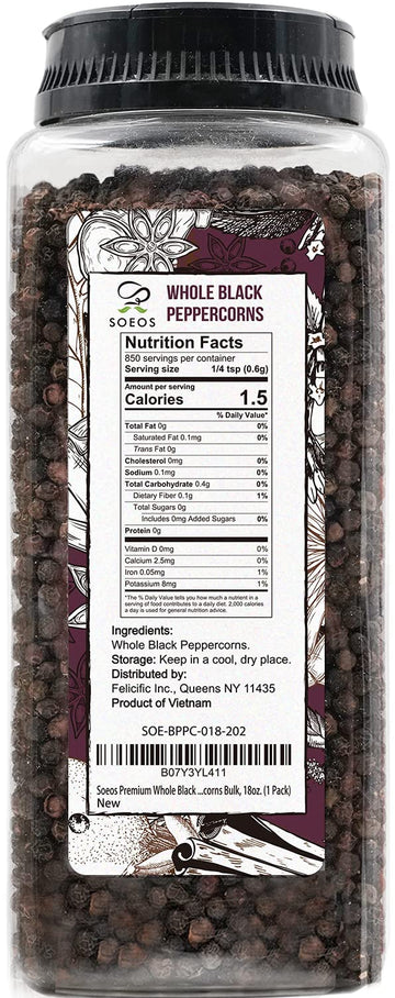 Soeos Black Peppercorns, 18Oz (Pack Of 1), Non-Gmo, Kosher, Packed To Keep Peppers Fresh, Peppercorn For Grinder Refill, Whole Peppercorns