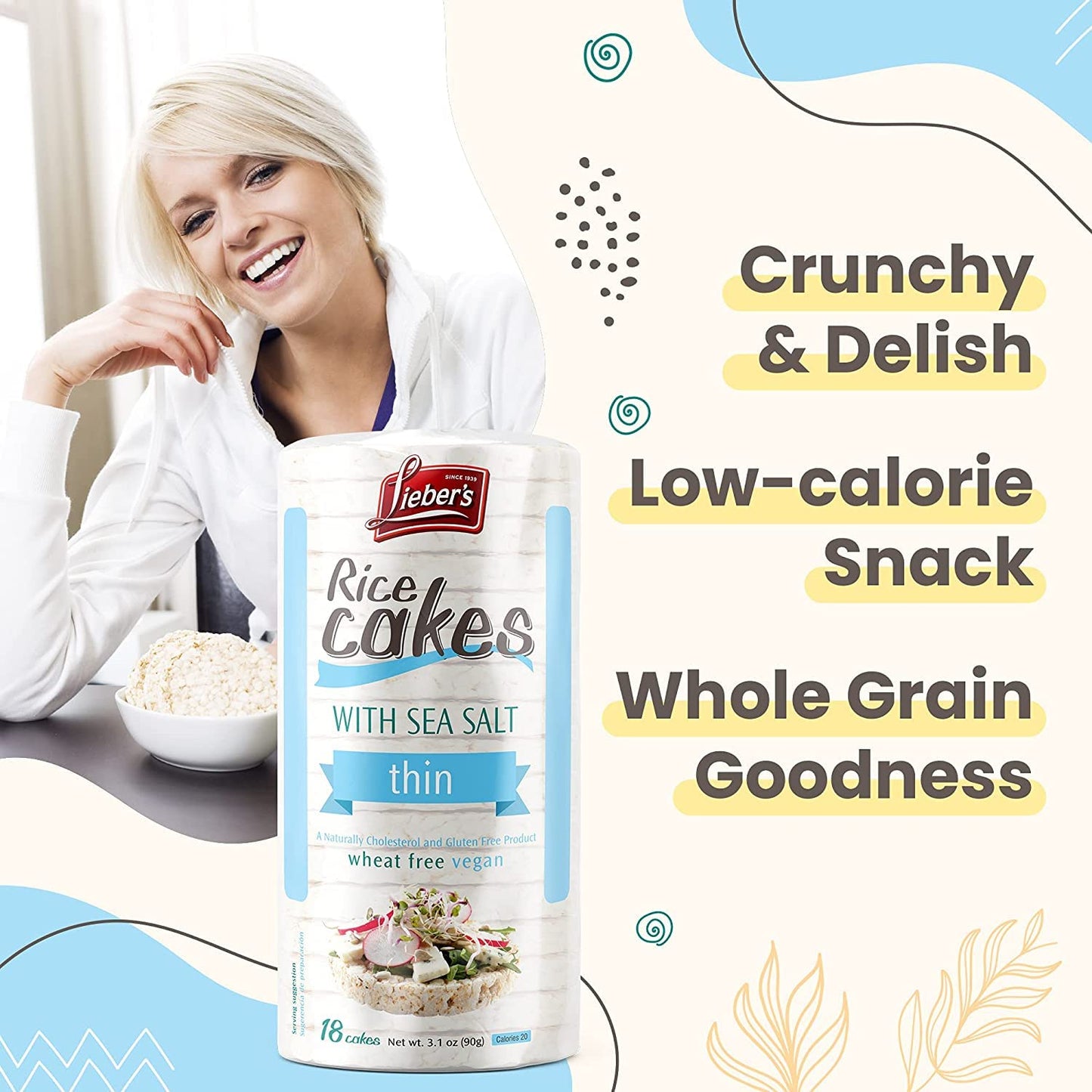 Liebers Thin Rice Cakes, Kosher Snack, Gluten Free, Vegan, Sea Salt, 1.55 oz (Pack of 6)