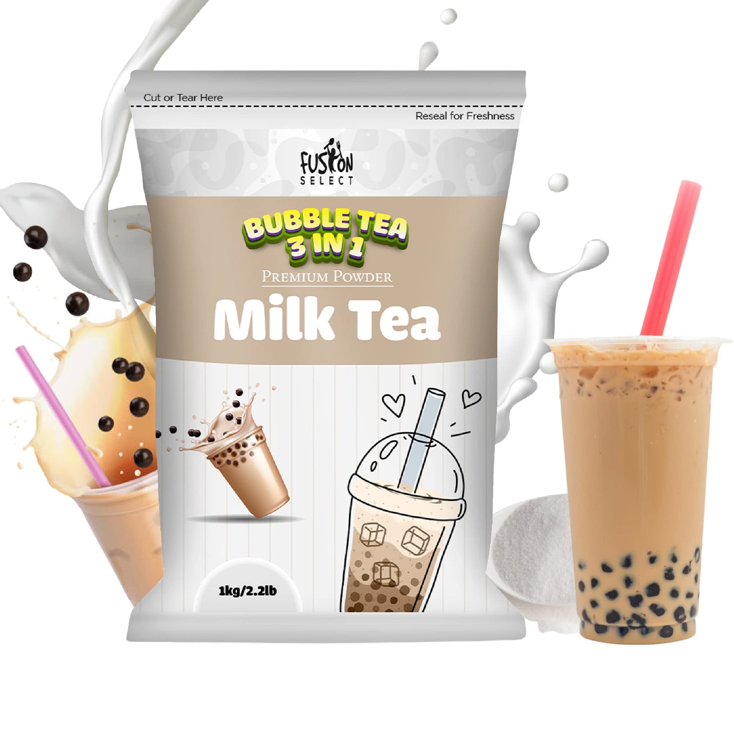 Fusion Select 2.2lb Milk Tea Powder, Boba Milk Tea Flavored-3-in-1 Drink Powder with Cream & Sugar - Instant Pre-Mixed Beverage