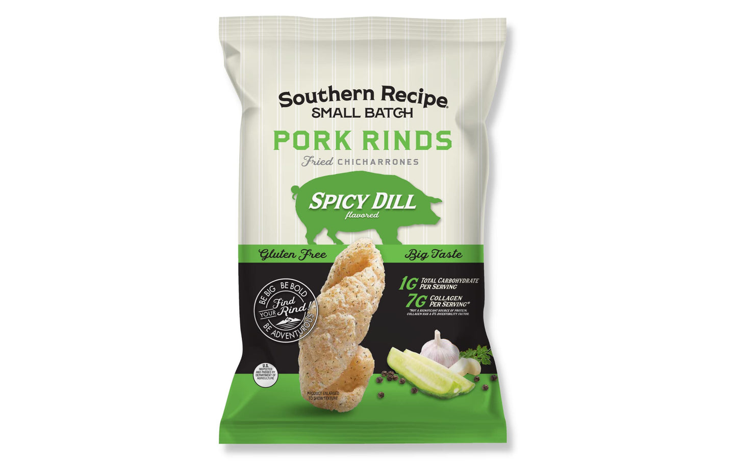 Southern Recipe Small Batch Pork Rinds | Spicy Dill Flavor | Keto Friendly, Gluten Free, Low Carb Food | 7G Collagen Per Serving
