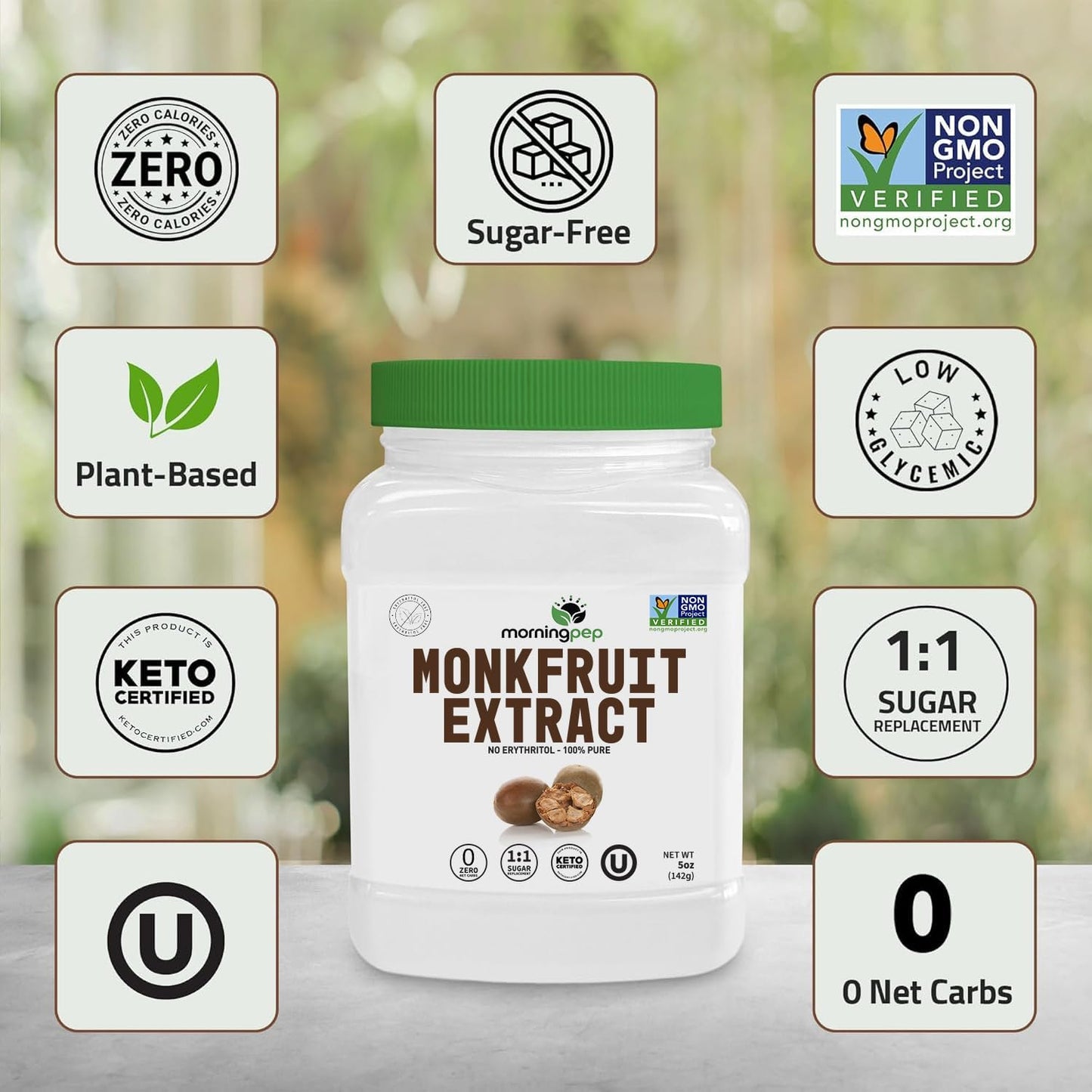 Morning Pep Monk Fruit Sweetener, 100% Pure, No Erythritol, Keto Certified, 15 oz