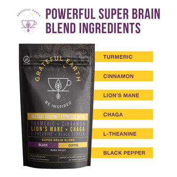Grateful Earth Mushroom Coffee, Espresso Instant Coffee with Cinnamon, Turmeric, Lions Mane Mushrooms, L-Theanine, Chaga Super B