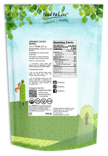 Food To Live Organic Cacao Beans, 8 Ounces - Non-Gmo, Keto, Vegan, Dry, Bulk, Rich In Dietary Fiber, Copper, Manganese, Magnesiu