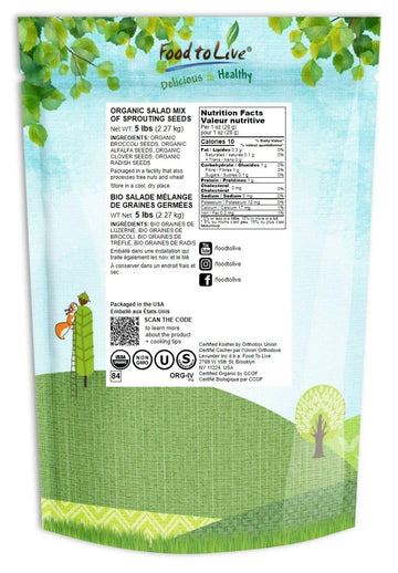 Food To Live Organic Salad Mix Of Sprouting Seeds, 5 Pounds - Non-Gmo Broccoli, Radish, Clover, Alfalfa. Rich Germination Rate,