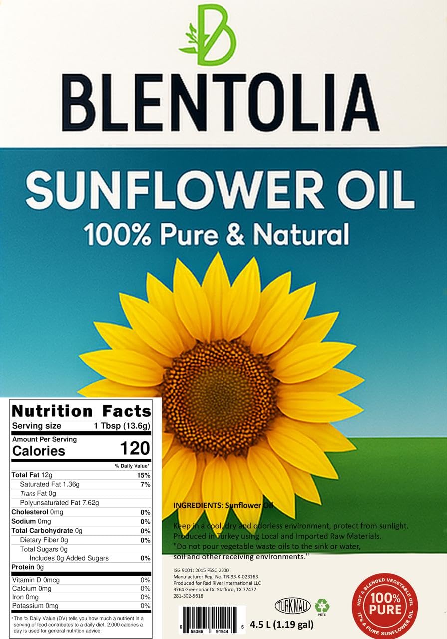 BLENTOLIA 100% Pure Sunflower Oil - Non-GMO, Light Taste, 4.5L, Ideal for Frying, Cooking & Baking