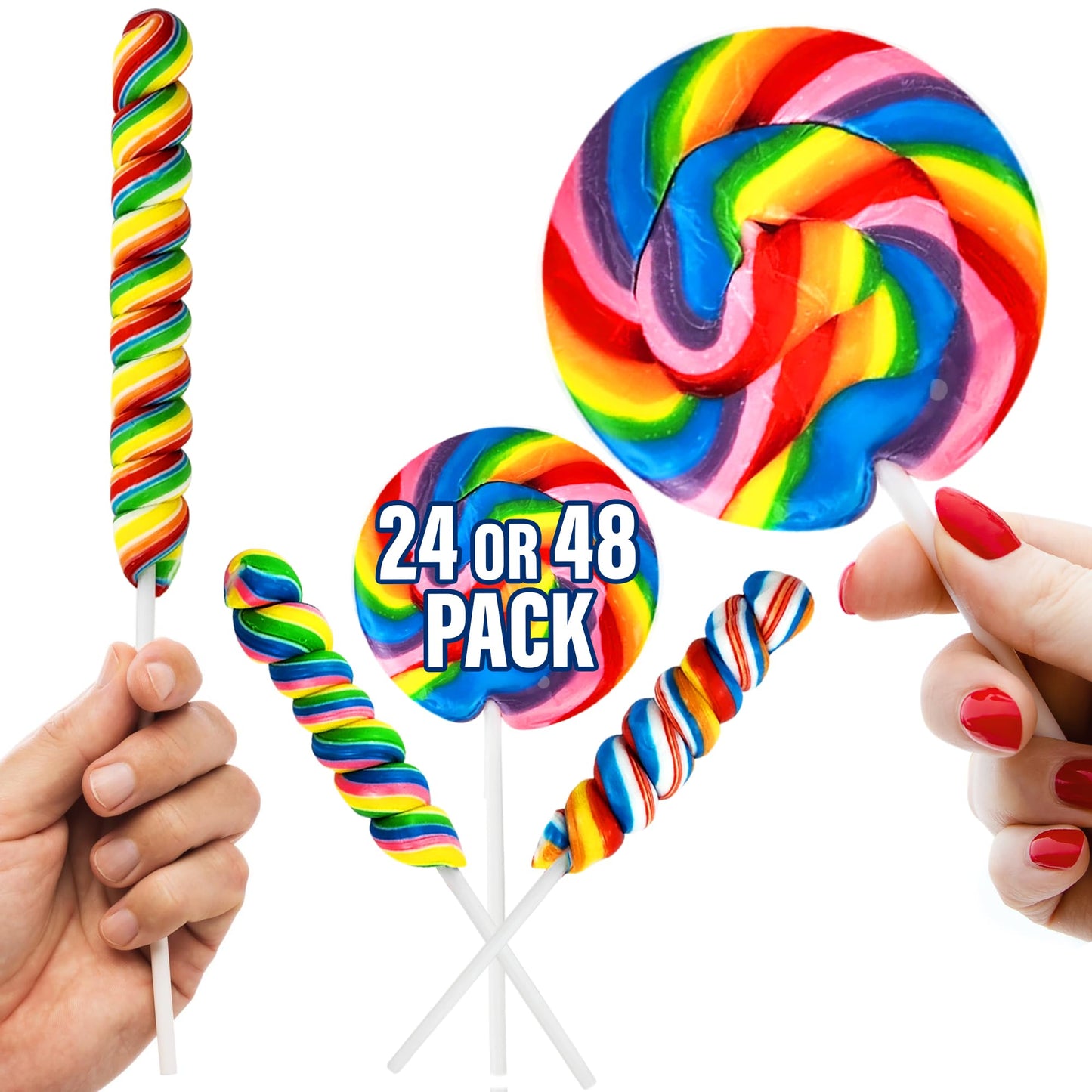 24 Large Rainbow Lollipops Individually Wrapped- Non Broken |12 Giant Swirl Lollipop 3'' And 12 Large Twisty Pops, Carnival Loll