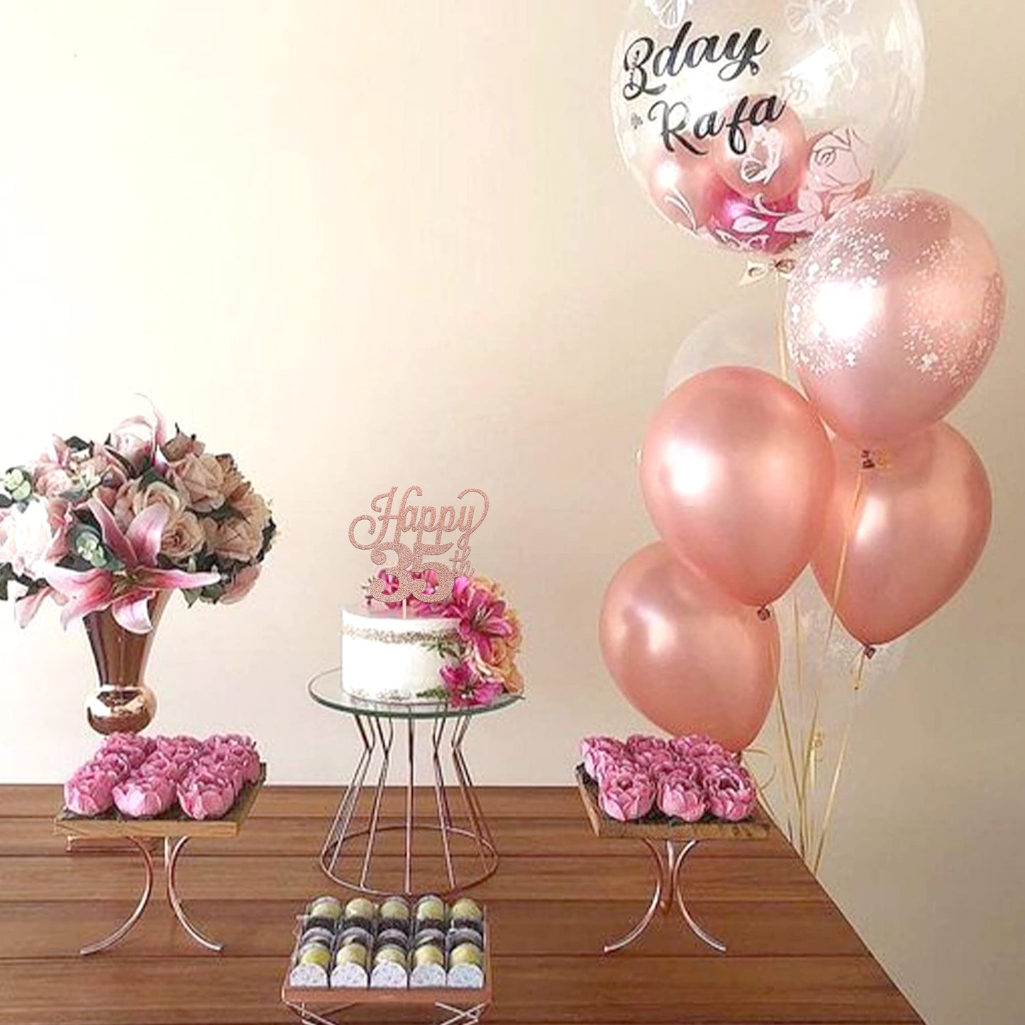 YCTHUNFISH 35th Birthday Cake Topper Black Glitter Number 35 Rose Gold Bamboo Decoration
