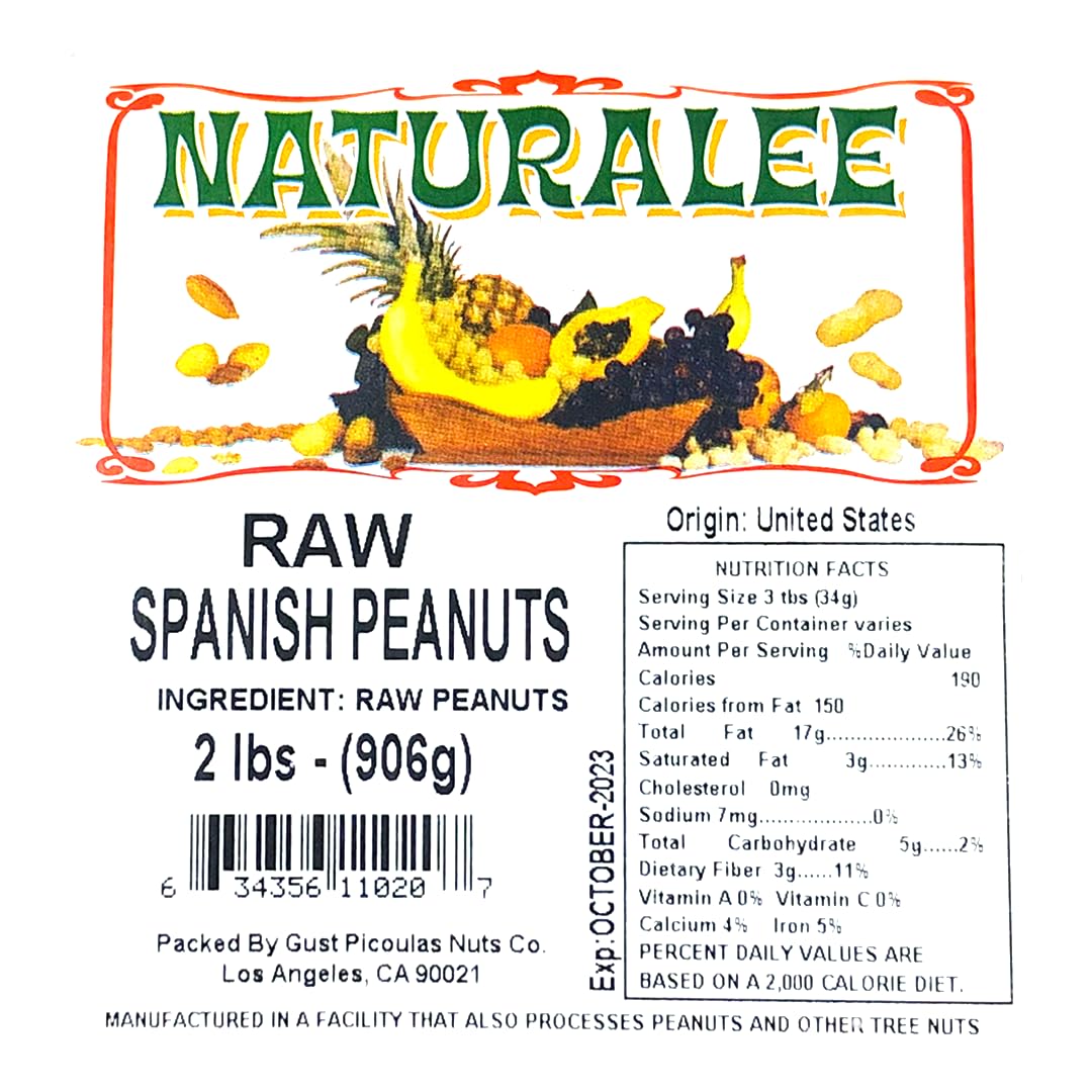 Naturalee Peanuts, Raw Whole Spanish Redskin 2 Lbs - Raw, Unsalted - Heart Health, High Protein, Vegan, Natural
