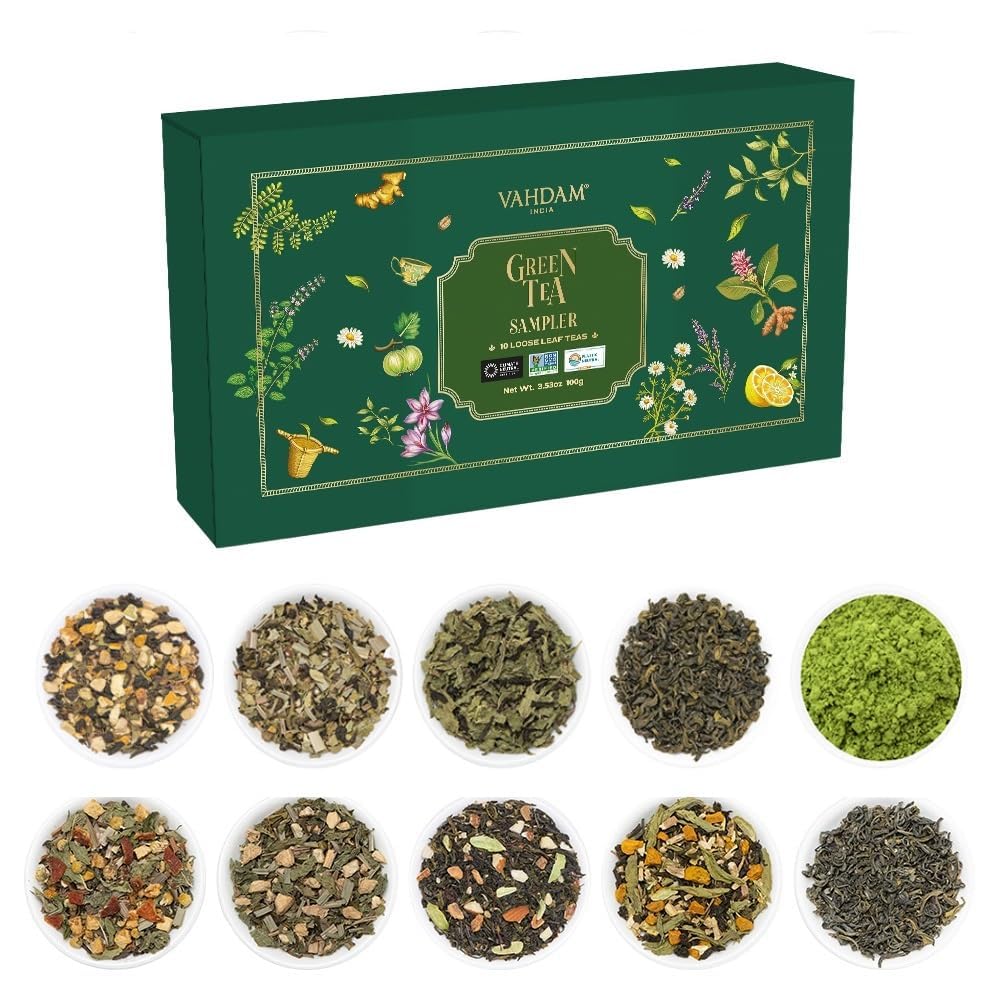 VAHDAM, Assorted Green Tea Loose Leaf Tea Sampler (10 Flavours, 50+ Servings) Exotic Green Tea Blends from Himalayas with 100% N