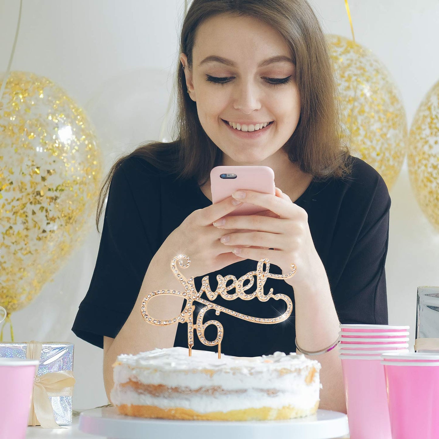 Sweet 16 Cake Topper For 16 Years Birthday Or 16Th Wedding Anniversary Crystal Rhinestone Party Decoration Silver (Gold)