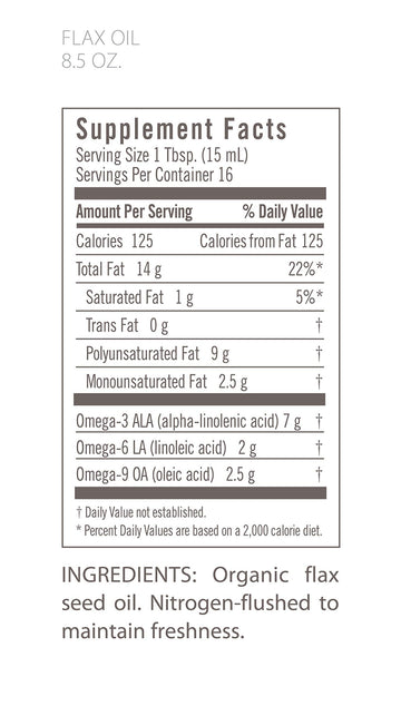 Flora Flax Oil - Cold-Pressed Organic Flax Seed Oil - Non-GMO, Gluten-Free - 8.5 fl. oz. Amber Glass Bottle